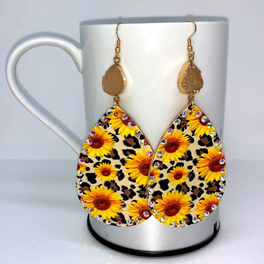 Gorgeous sunflower faux leather earrings NEW